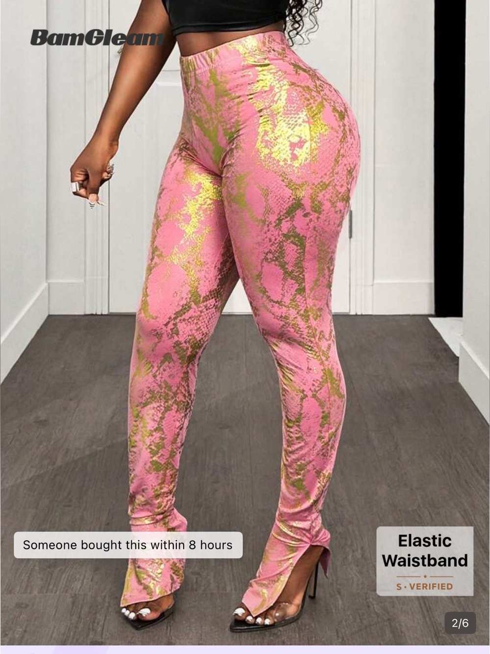 SHEIN Pink & Gold Snake-Print High-Waist Skinny Pants